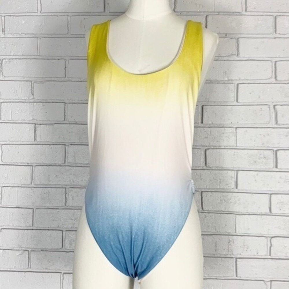 Aerie Ombre One Piece‎ Swimsuit Yellow Blue Sunset Side Ring Scoop Back Large